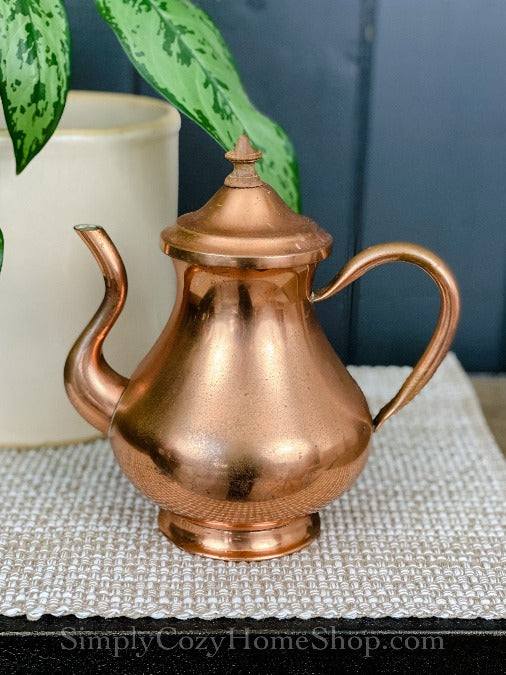 Copper tea kettle with curved spout - vintage copper teapot