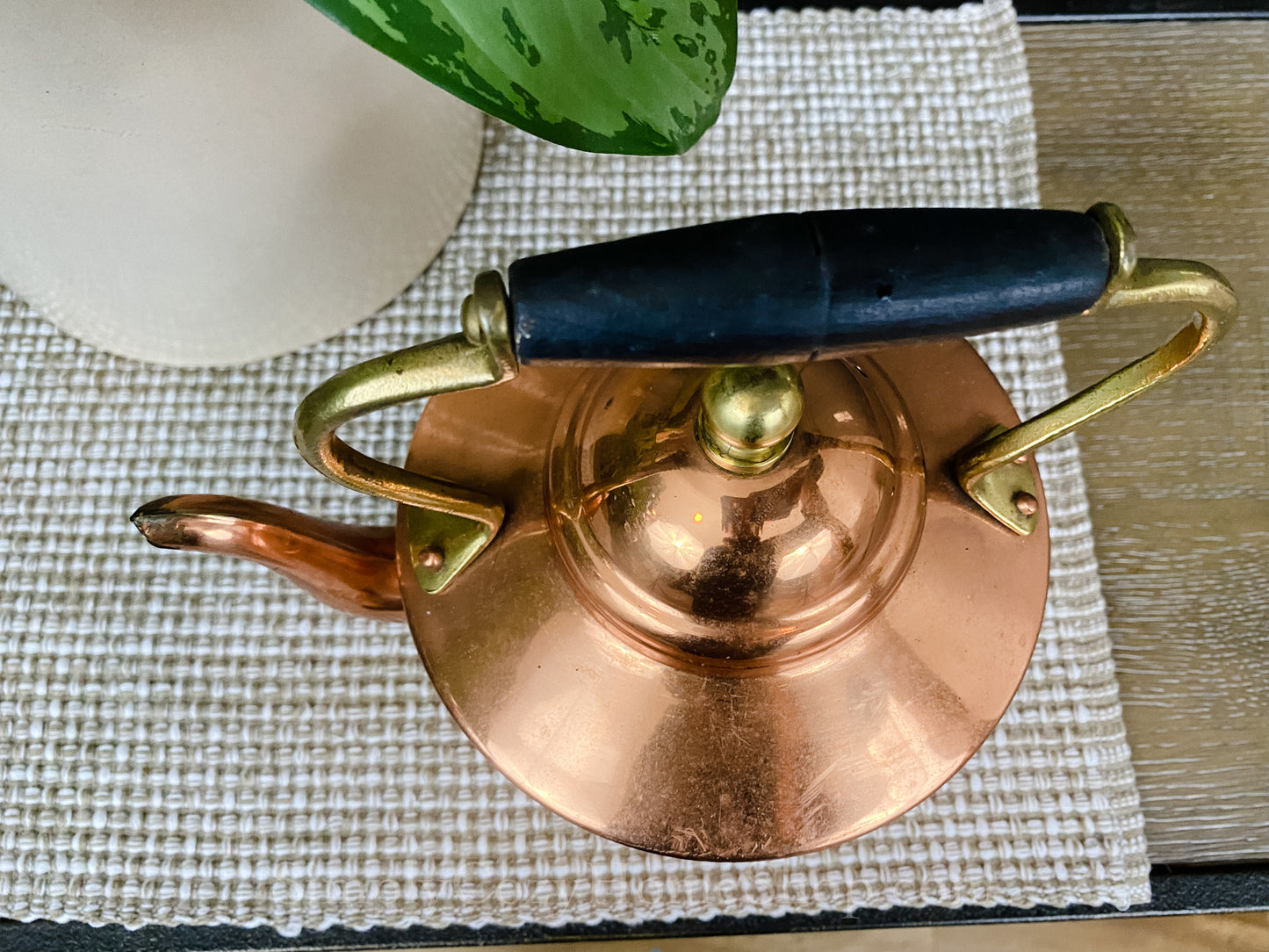 Vintage copper tea kettle with bronze handle