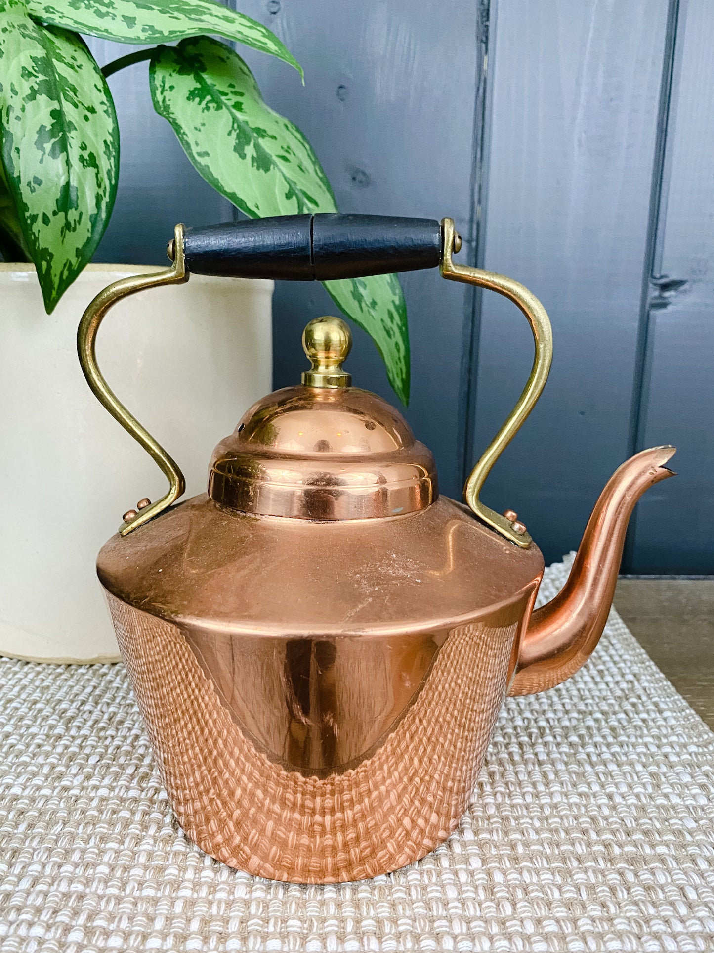 Vintage copper tea kettle with bronze handle