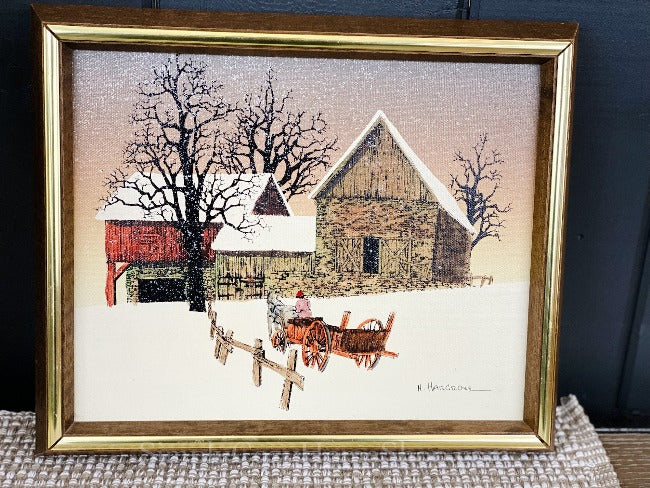 Barn in Winter : Oil serigraph signed H. Hargrove