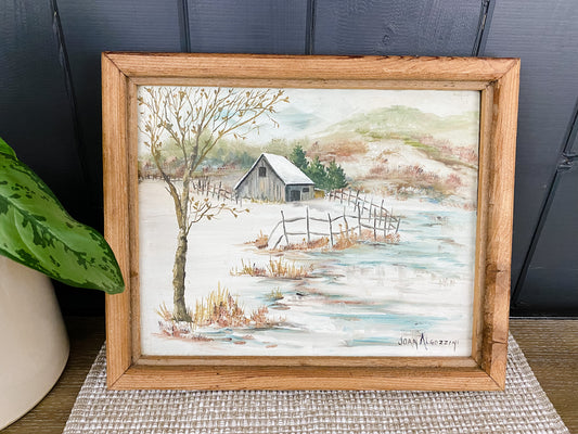 Vintage winter countryside painting in wood frame