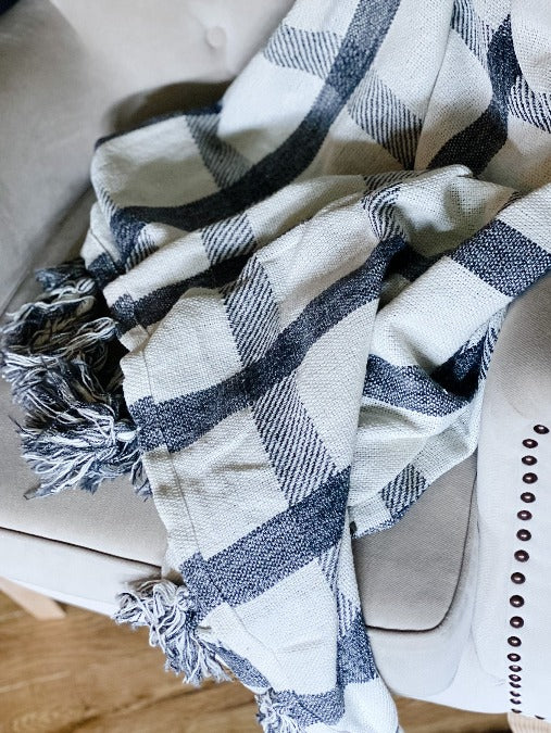 Hand Woven Jackie Throw Blanket - gray and white plaid blanket