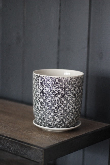 Black and White Hand-Stamped Planter Pot and Saucer with Embossed Pattern