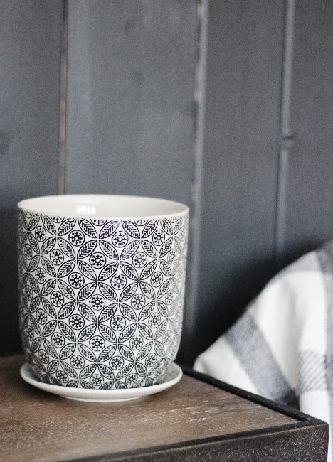 Black and White Hand-Stamped Planter Pot and Saucer with Embossed Pattern