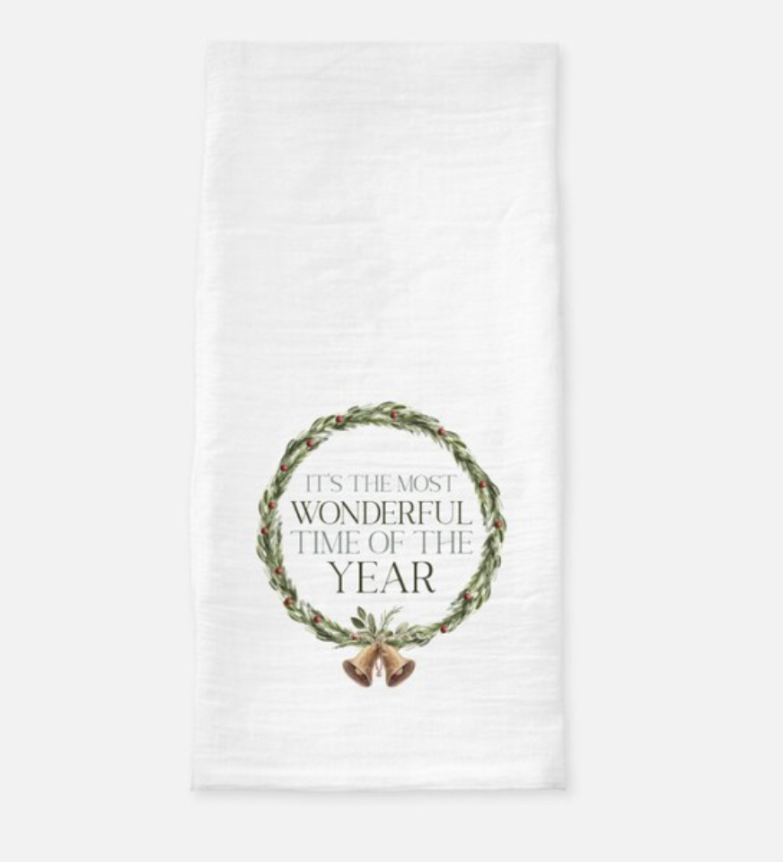Christmas Wreath "It's the Most Wonderful Time of the Year" flour sack tea towel