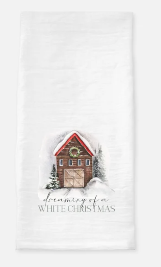 Dreaming of a White Christmas rustic red barn Flour Sack Tea Towel