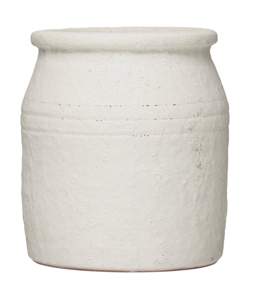 Distressed Coarse Terracotta Crock - textured white vase