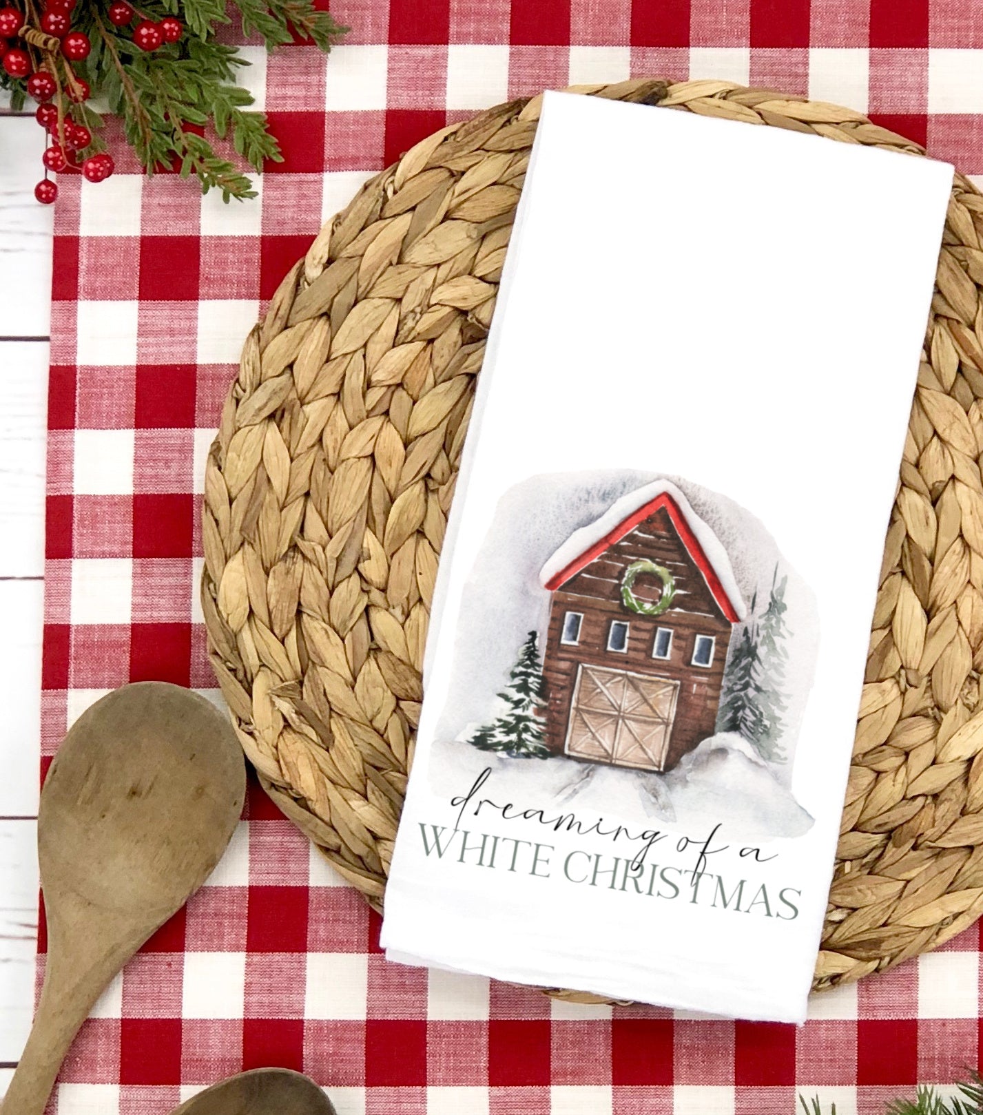 Dreaming of a White Christmas rustic red barn Flour Sack Tea Towel