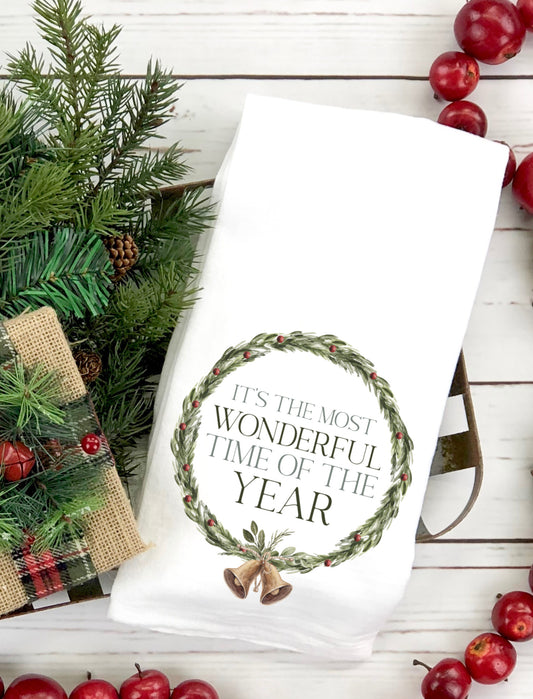 Christmas Wreath "It's the Most Wonderful Time of the Year" flour sack tea towel